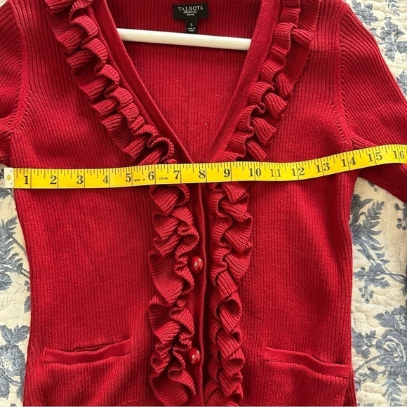 Talbots Sweater Rib Knit Feminine V-Neck Ruffled Cherry Red Cardigan Size SP - Picture 10 of 10